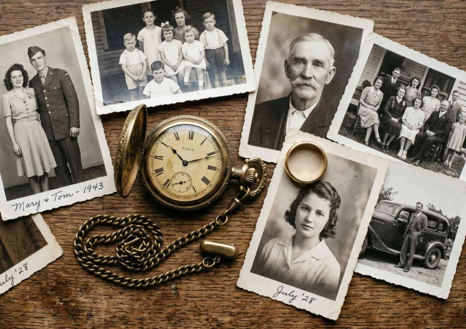 family-keepsakes-memories Vintage family photographs, pocket watch & keepsakes symbolising memories .